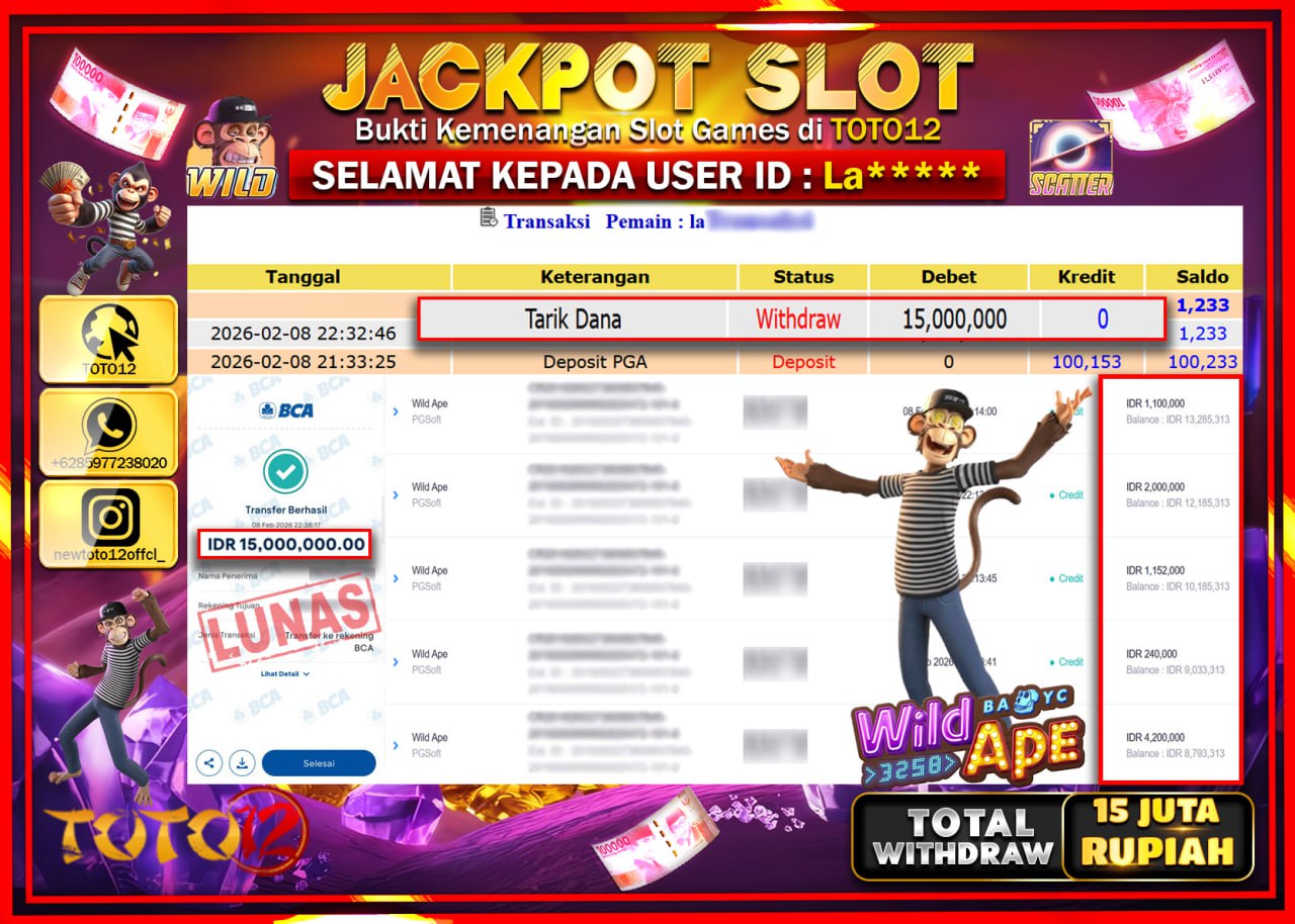 HANYA DI TOTO12 JP PASTI DI BAYAR LUNAS DAN CEPAT!!!!!! JACKPOT SLOT GAME (WILD APE) Rp.15.000.000!!!!