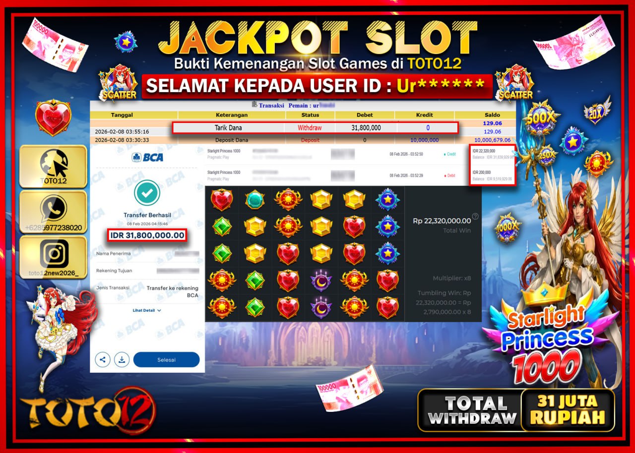HANYA DI TOTO12 JP PASTI DI BAYAR LUNAS DAN CEPAT!!!!!! JACKPOT SLOT GAME (STARLIGHT PRINCESS 1000) Rp.31.800.000!!!!
