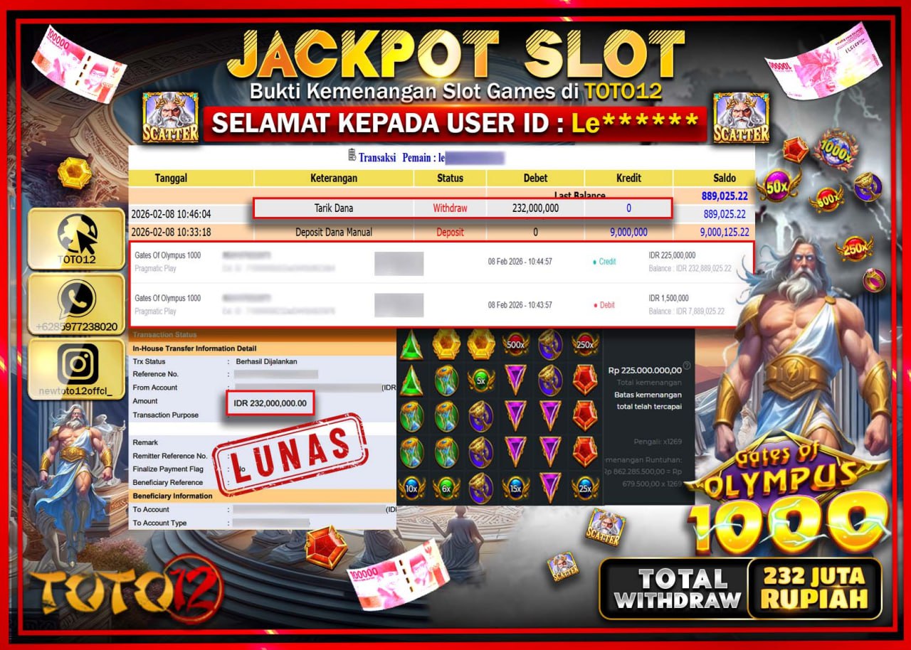 HANYA DI TOTO12 JP PASTI DI BAYAR LUNAS DAN CEPAT!!!!!! JACKPOT SLOT GAME (GATES OF OLYMPUS 1000) Rp.232.000.000!!!!