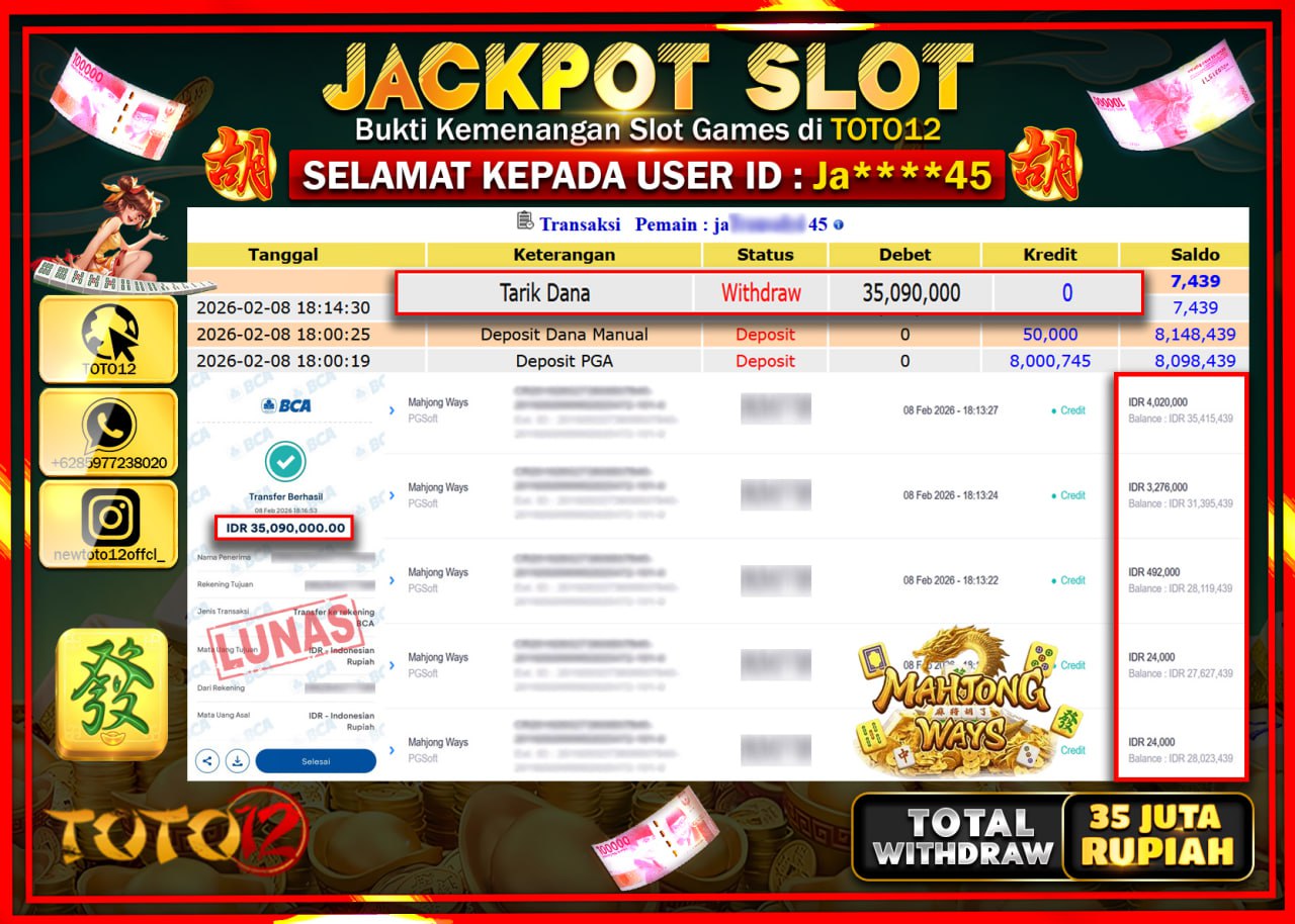 HANYA DI TOTO12 JP PASTI DI BAYAR LUNAS DAN CEPAT!!!!!! JACKPOT SLOT GAME (MAHJONG WAYS) Rp.35.090.000!!!!