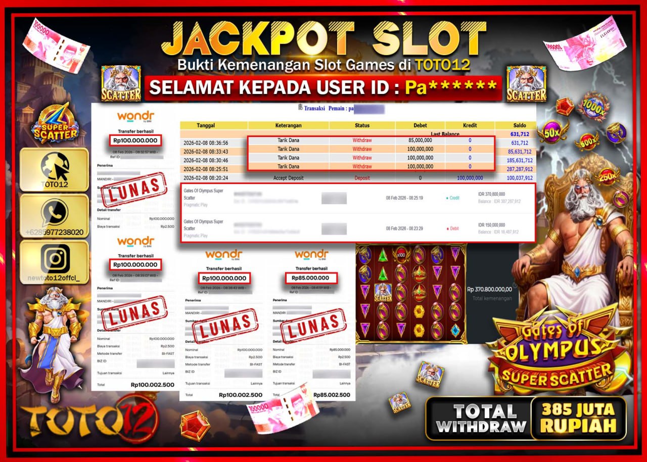 HANYA DI TOTO12 JP PASTI DI BAYAR LUNAS DAN CEPAT!!!!!! JACKPOT SLOT GAME (GATES OF OLYMPUS SUPER SCATTER) Rp.385.000.000!!!!