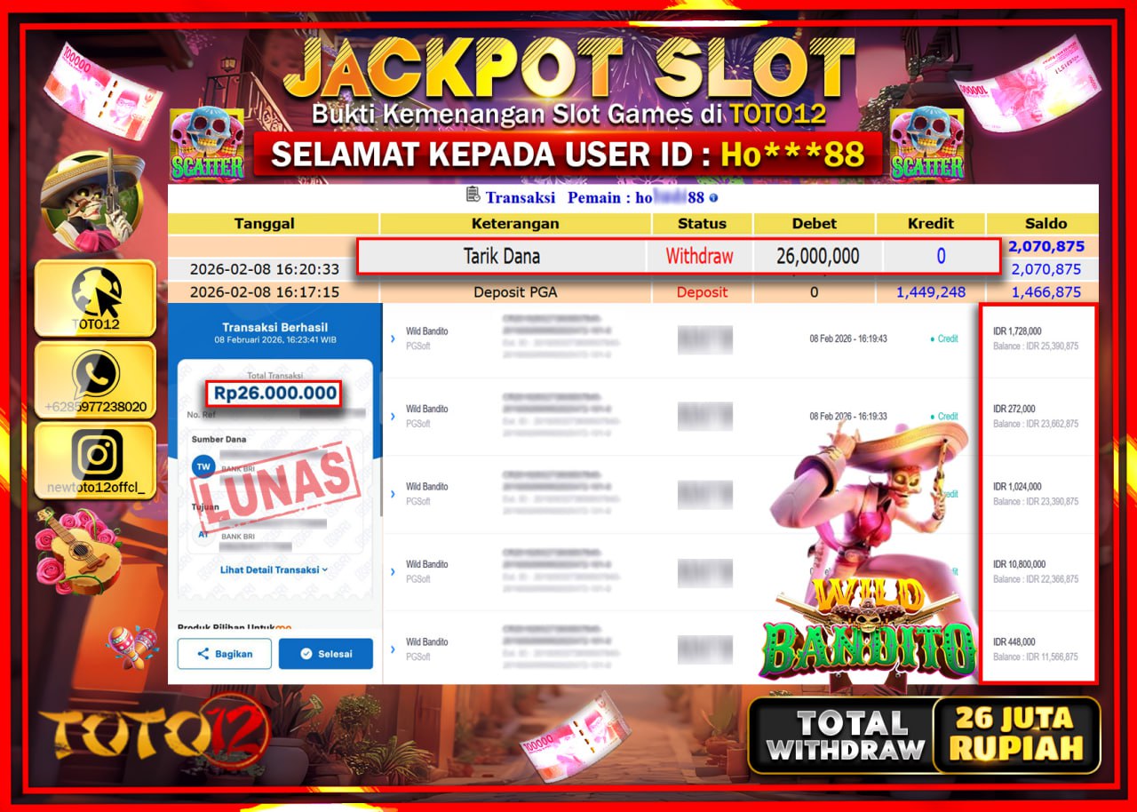 HANYA DI TOTO12 JP PASTI DI BAYAR LUNAS DAN CEPAT!!!!!! JACKPOT SLOT GAME (WILD BANDITO) Rp.26.000.000!!!!