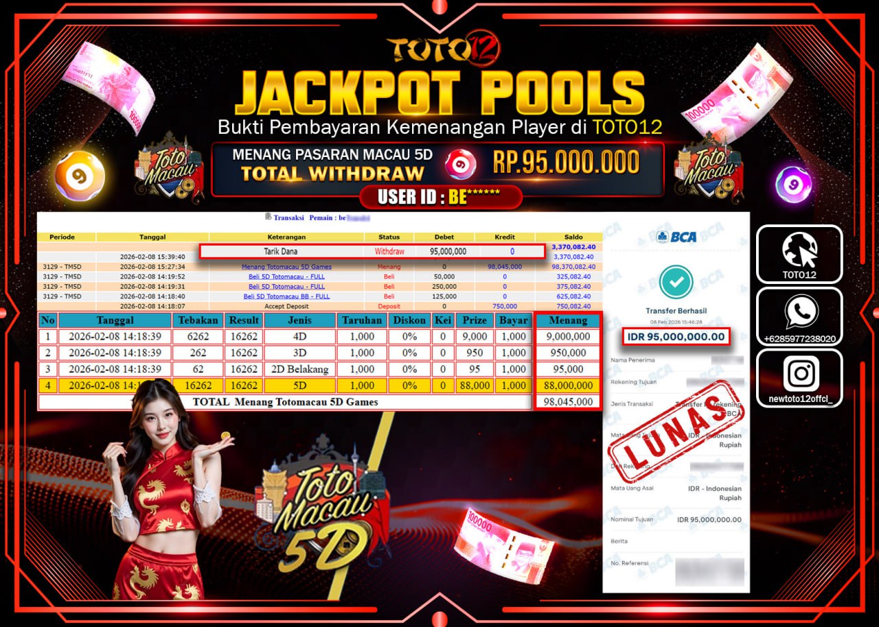 HANYA DI TOTO12 JP PASTI DI BAYAR LUNAS DAN CEPAT!!!!!! JACKPOT POOLS PASARAN (TOTOMACAU5D) Rp.95.000.000!!!!