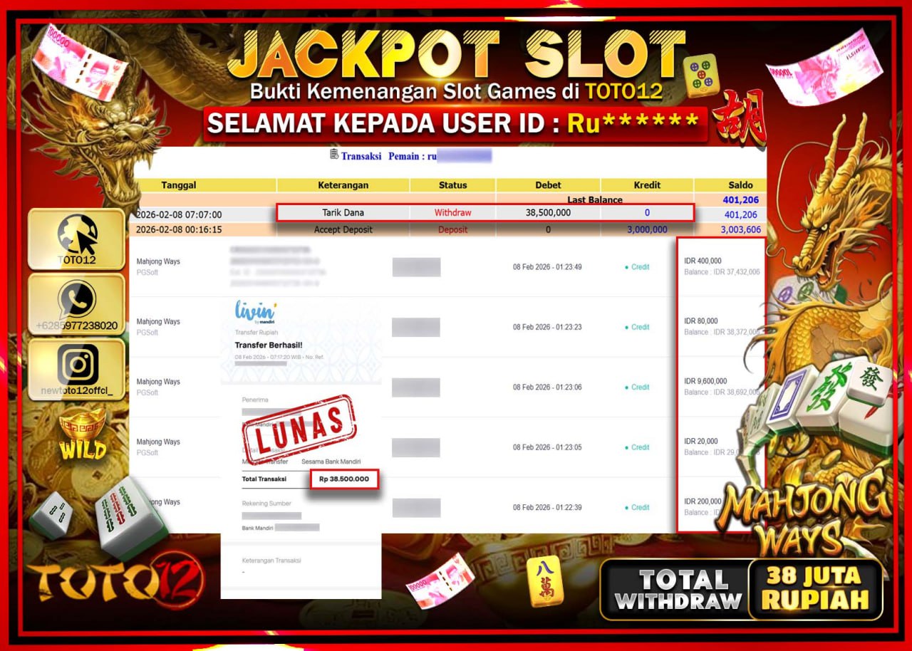 HANYA DI TOTO12 JP PASTI DI BAYAR LUNAS DAN CEPAT!!!!!! JACKPOT SLOT GAME (MAHJONG WAYS) Rp.38.500.000!!!!