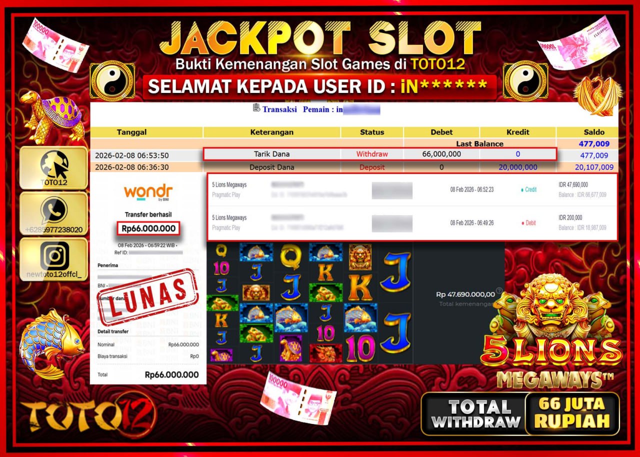 HANYA DI TOTO12 JP PASTI DI BAYAR LUNAS DAN CEPAT!!!!!! JACKPOT SLOT GAME (5 LIONS MEGAWAYS) Rp.66.000.000!!!!