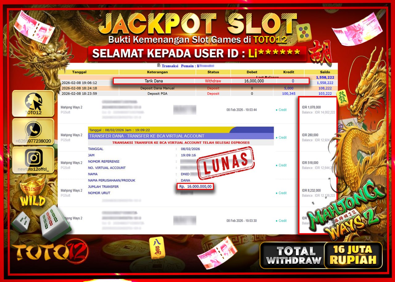 HANYA DI TOTO12 JP PASTI DI BAYAR LUNAS DAN CEPAT!!!!!! JACKPOT SLOT GAME (MAHJONG WAYS 2) Rp.16.000.000!!!!