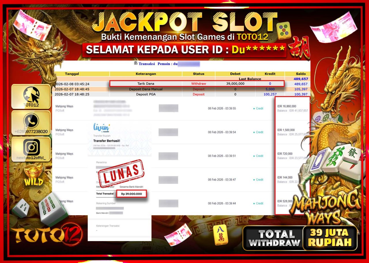 HANYA DI TOTO12 JP PASTI DI BAYAR LUNAS DAN CEPAT!!!!!! JACKPOT SLOT GAME (MAHJONG WAYS) Rp.39.000.000!!!!