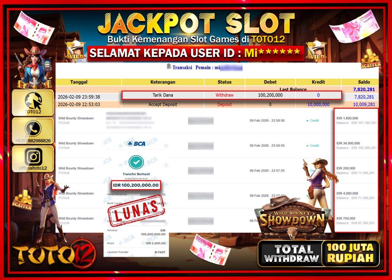 HANYA DI TOTO12 JP PASTI DI BAYAR LUNAS DAN CEPAT!!!!!! JACKPOT SLOT GAME (WILD BOUNTY SHOWDOWN) Rp.100.200.000!!!!