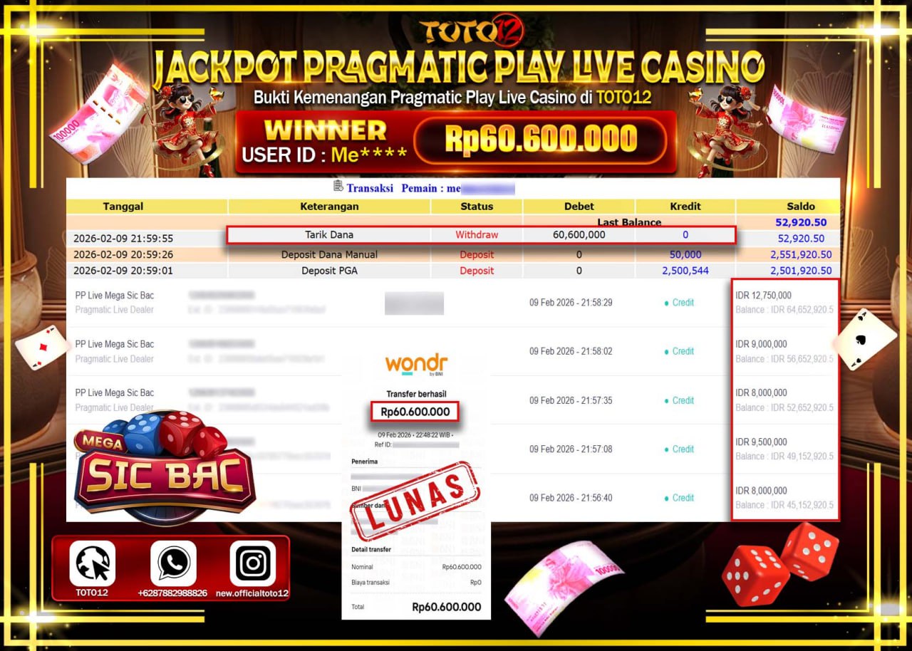 HANYA DI TOTO12 JP PASTI DI BAYAR LUNAS DAN CEPAT!!!!!! JACKPOT LIVE GAME CASINO (LIVE MEGA SIC BAC) Rp.60.600.000 !!!!