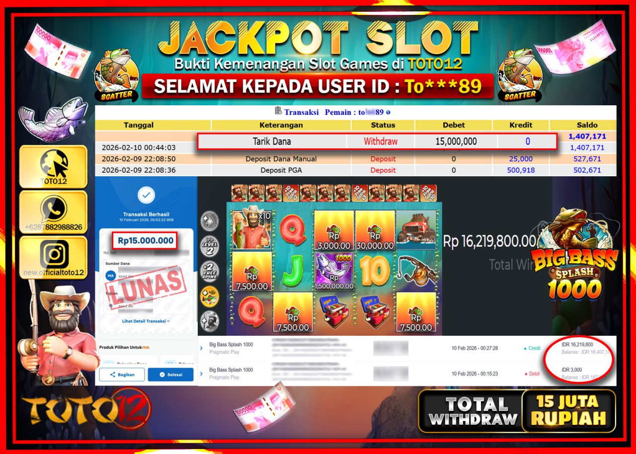 HANYA DI TOTO12 JP PASTI DI BAYAR LUNAS DAN CEPAT!!!!!! JACKPOT SLOT GAME (BIG BASS) Rp.15.000.000!!!!
