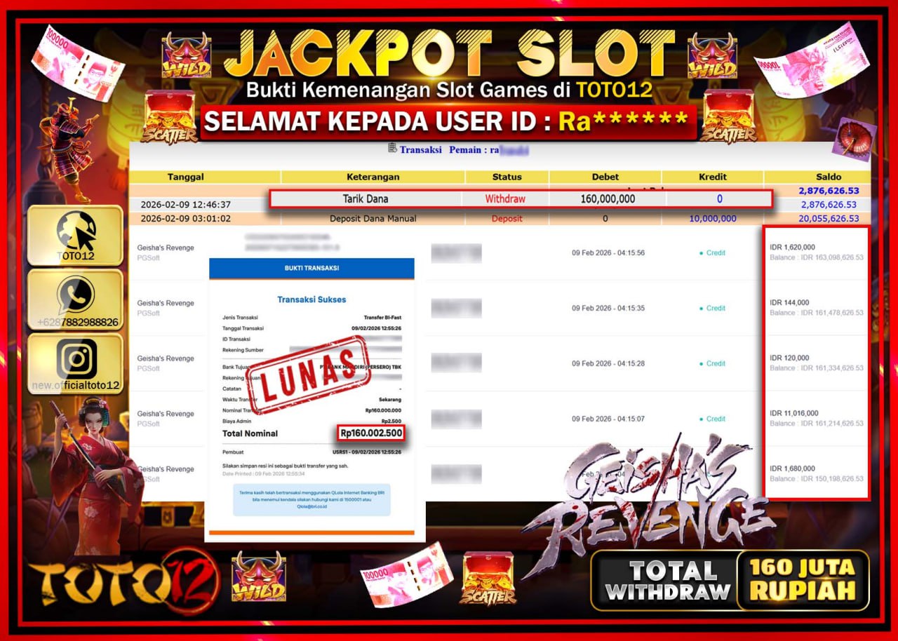 HANYA DI TOTO12 JP PASTI DI BAYAR LUNAS DAN CEPAT!!!!!! JACKPOT SLOT GAME (GEISHAS REVENGE) Rp.160.000.000!!!!