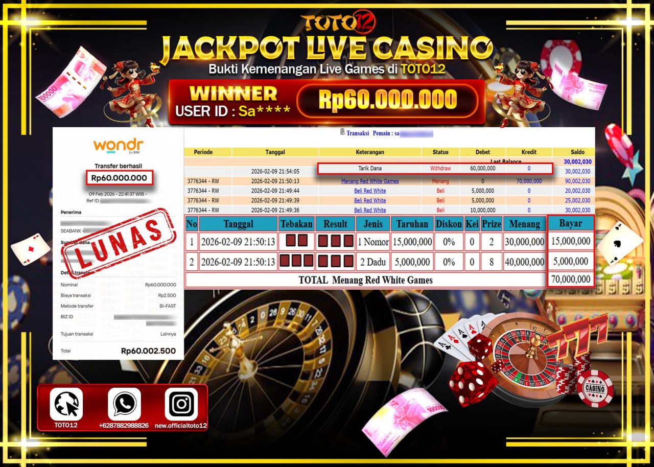 HANYA DI TOTO12 JP PASTI DI BAYAR LUNAS DAN CEPAT!!!!!! JACKPOT LIVE GAME CASINO (RED WHITE) Rp.60.0000.000!!!!