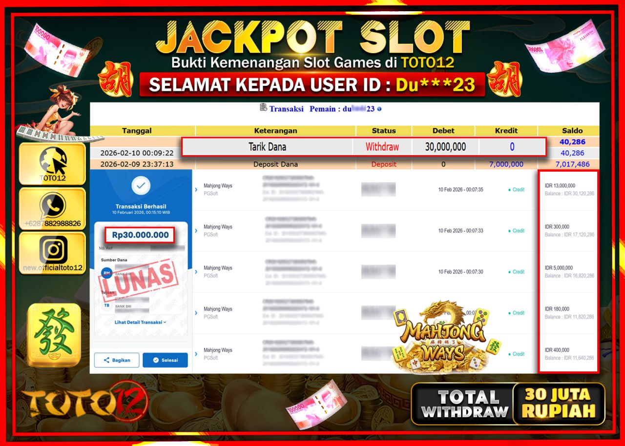 HANYA DI TOTO12 JP PASTI DI BAYAR LUNAS DAN CEPAT!!!!!! JACKPOT SLOT GAME (MAHJONG WAYS) Rp.30.000.000!!!!