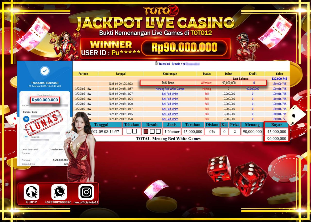 HANYA DI TOTO12 JP PASTI DI BAYAR LUNAS DAN CEPAT!!!!!! JACKPOT LIVE GAME CASINO (RED WHITE) Rp.90.0000.000!!!!