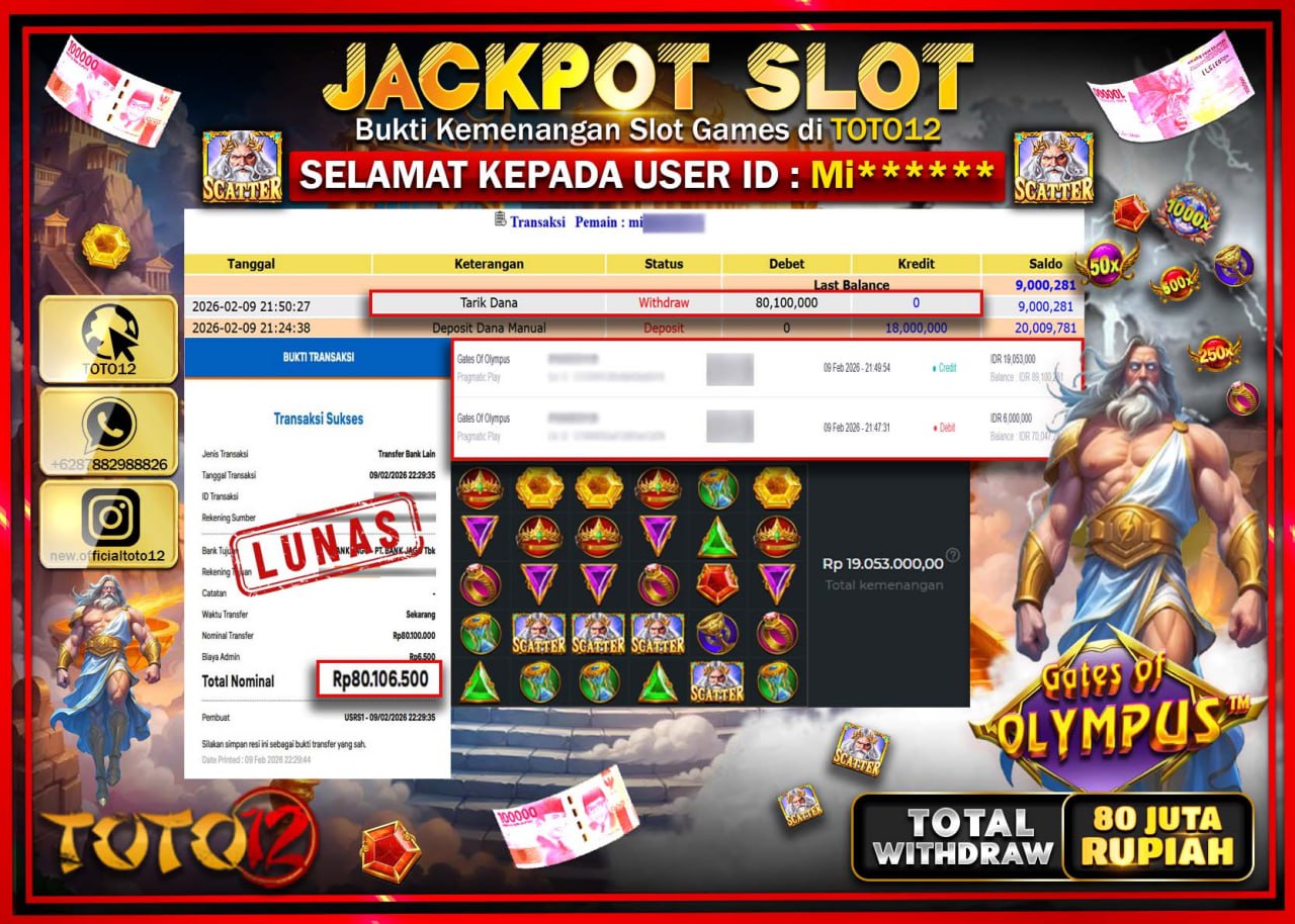 HANYA DI TOTO12 JP PASTI DI BAYAR LUNAS DAN CEPAT!!!!!! JACKPOT SLOT GAME (GATES OF OLYMPUS) Rp.80.100.000!!!!