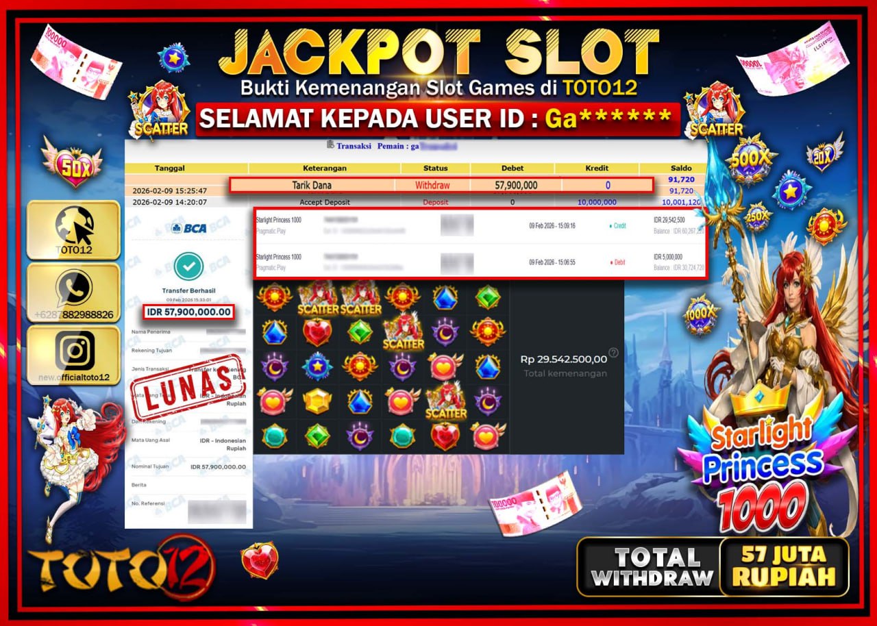 HANYA DI TOTO12 JP PASTI DI BAYAR LUNAS DAN CEPAT!!!!!! JACKPOT SLOT GAME (STARLIGHT PRINCESS 1000) Rp.57.900.000!!!!