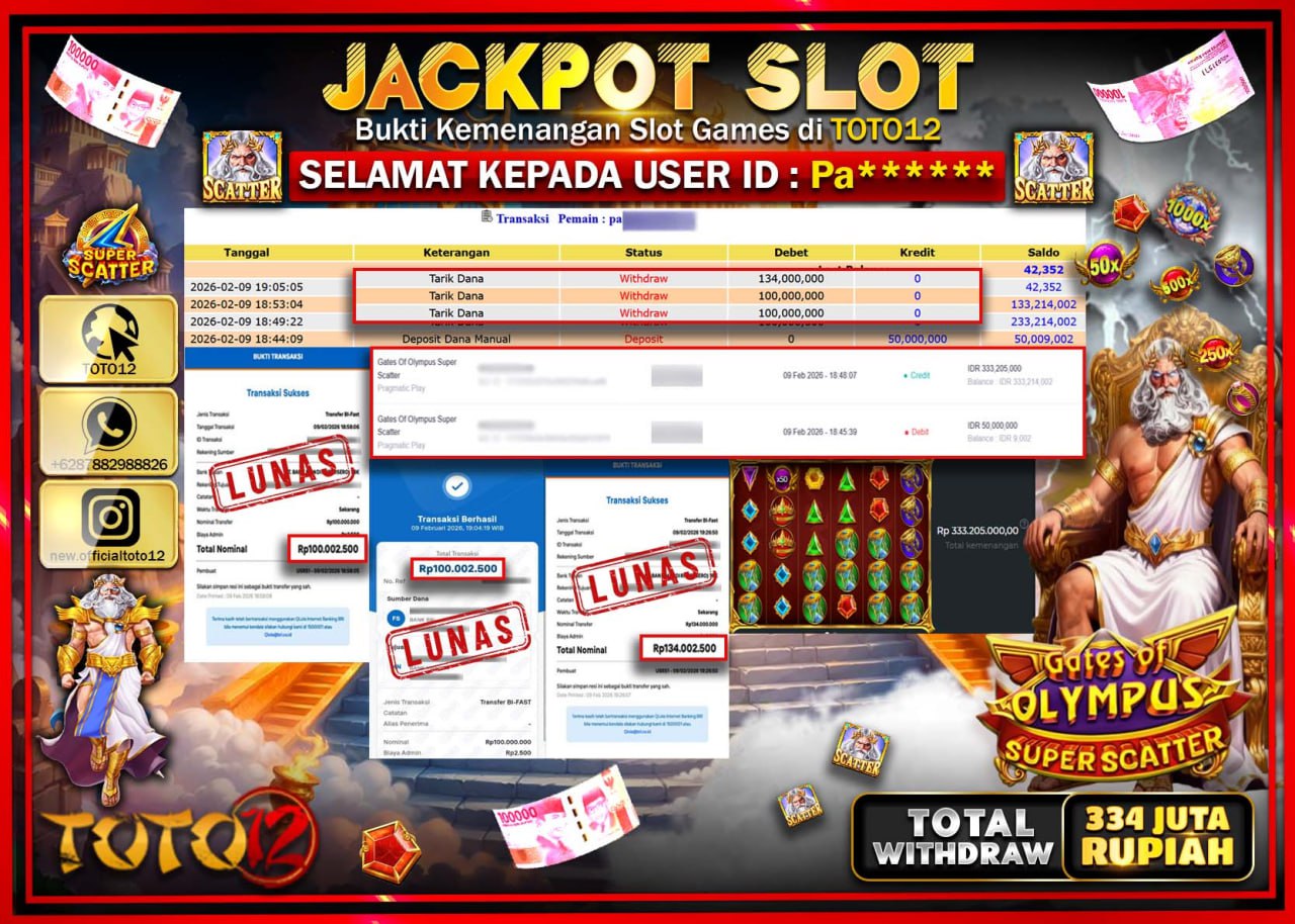 HANYA DI TOTO12 JP PASTI DI BAYAR LUNAS DAN CEPAT!!!!!! JACKPOT SLOT GAME (GATES OF OLYMPUS SUPER SCATTER) Rp.334.000.000!!!!