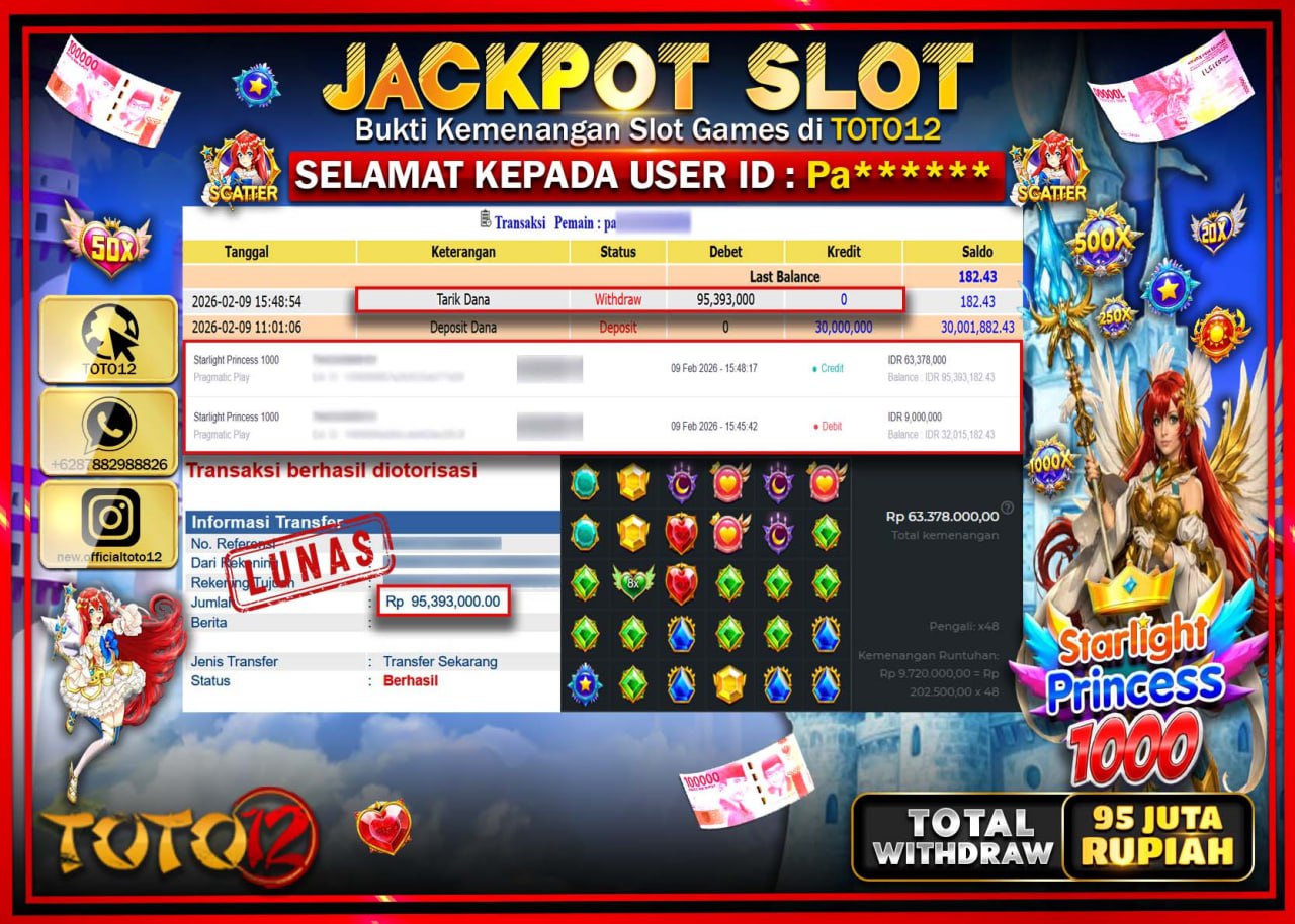 HANYA DI TOTO12 JP PASTI DI BAYAR LUNAS DAN CEPAT!!!!!! JACKPOT SLOT GAME (STARLIGHT PRINCESS 1000) Rp.95.393.000!!!!