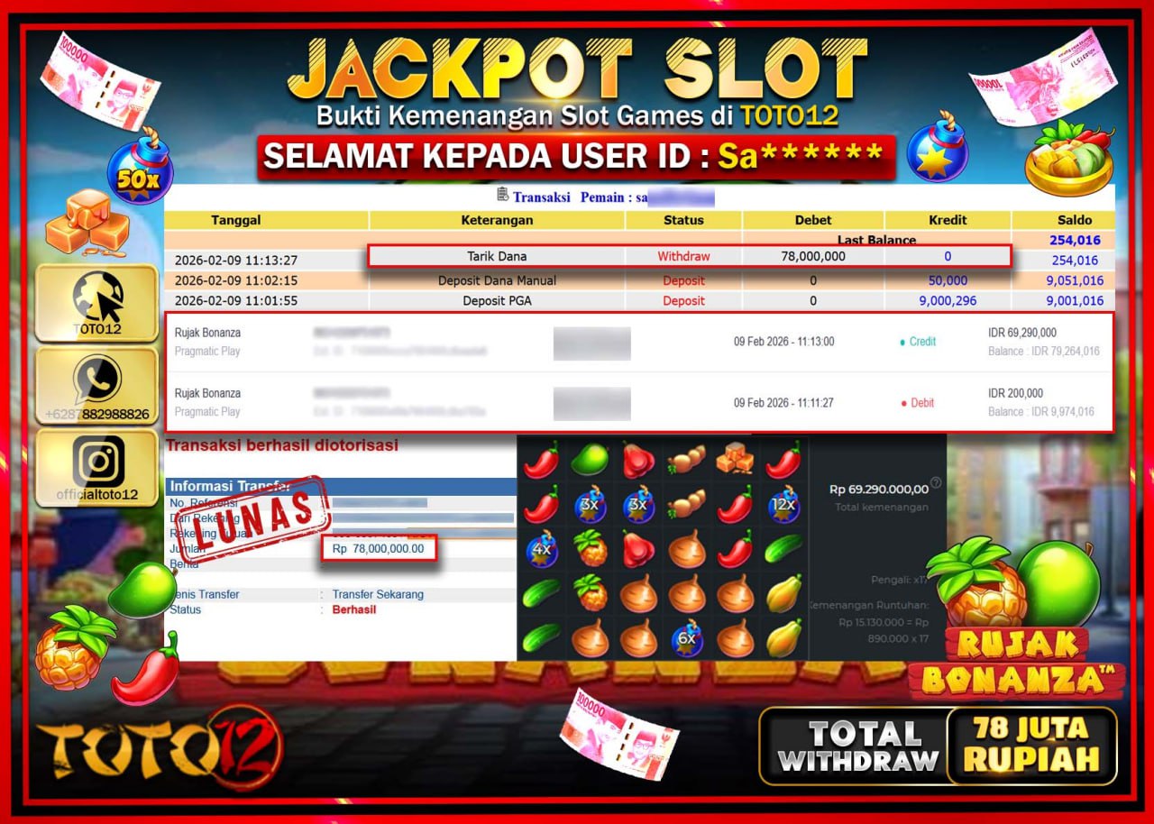 HANYA DI TOTO12 JP PASTI DI BAYAR LUNAS DAN CEPAT!!!!!! JACKPOT SLOT GAME (RUJAK BONANZA) Rp.78.000.000!!!!