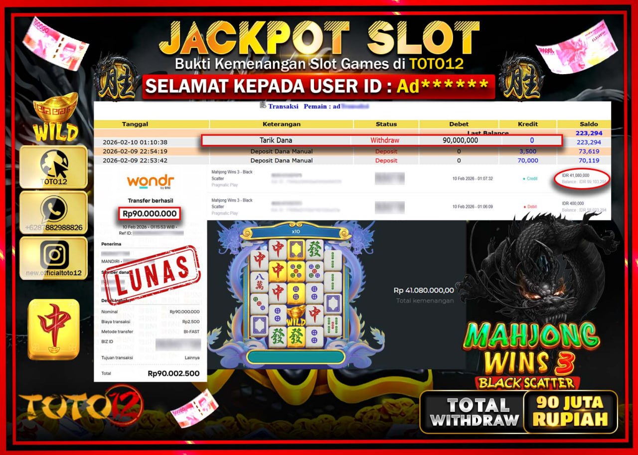 HANYA DI TOTO12 JP PASTI DI BAYAR LUNAS DAN CEPAT!!!!!! JACKPOT SLOT GAME (MAHJONG WINS 3 BLACK SCATTER) Rp.90.000.000!!!!