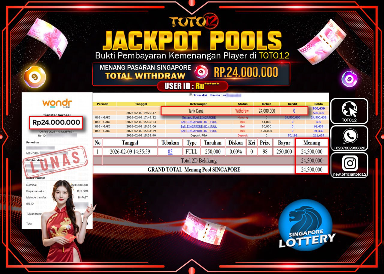HANYA DI TOTO12 JP PASTI DI BAYAR LUNAS DAN CEPAT!!!!!! JACKPOT POOLS PASARAN (SINGAPORE) Rp.24.000.000!!!!