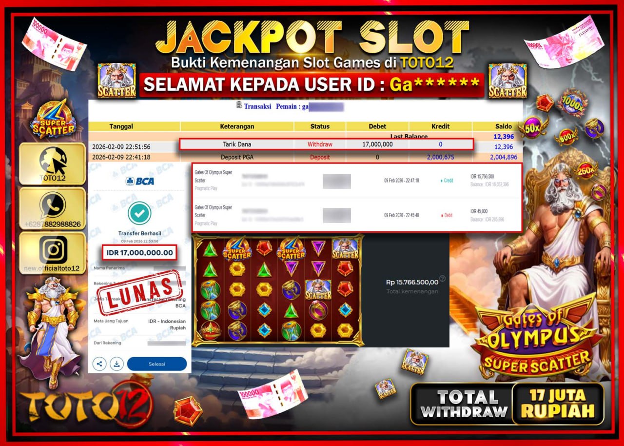 HANYA DI TOTO12 JP PASTI DI BAYAR LUNAS DAN CEPAT!!!!!! JACKPOT SLOT GAME (GATES OF OLYMPUS SUPER SCATTER) Rp.17.000.000!!!!