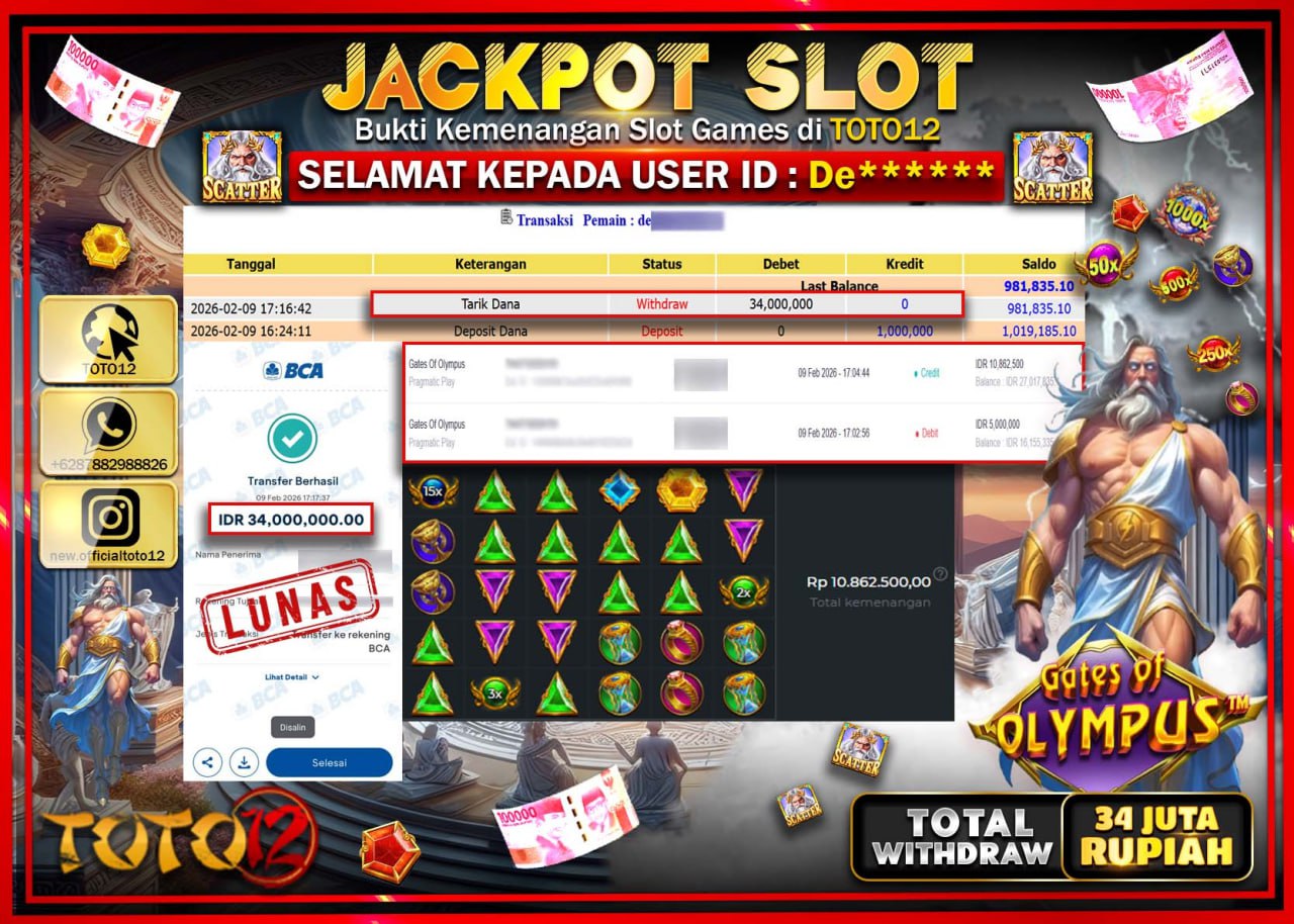 HANYA DI TOTO12 JP PASTI DI BAYAR LUNAS DAN CEPAT!!!!!! JACKPOT SLOT GAME (GATES OF OLYMPUS) Rp.34.000.000!!!!