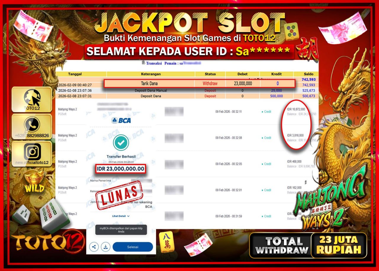 HANYA DI TOTO12 JP PASTI DI BAYAR LUNAS DAN CEPAT!!!!!! JACKPOT SLOT GAME (MAHJONG WAYS 2) Rp.23.000.000!!!!