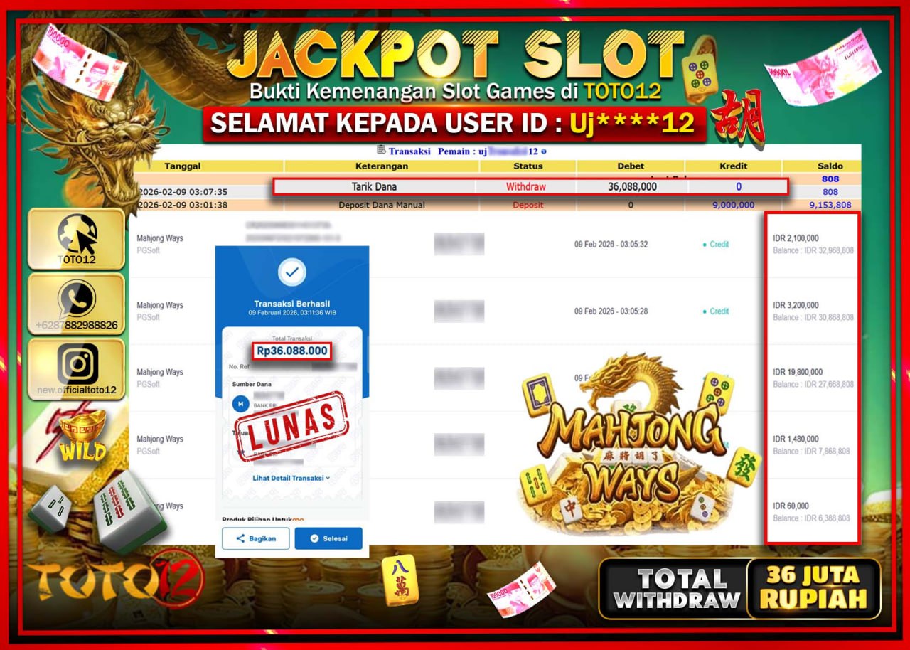 HANYA DI TOTO12 JP PASTI DI BAYAR LUNAS DAN CEPAT!!!!!! JACKPOT SLOT GAME (MAHJONG WAYS) Rp.36.088.000!!!!