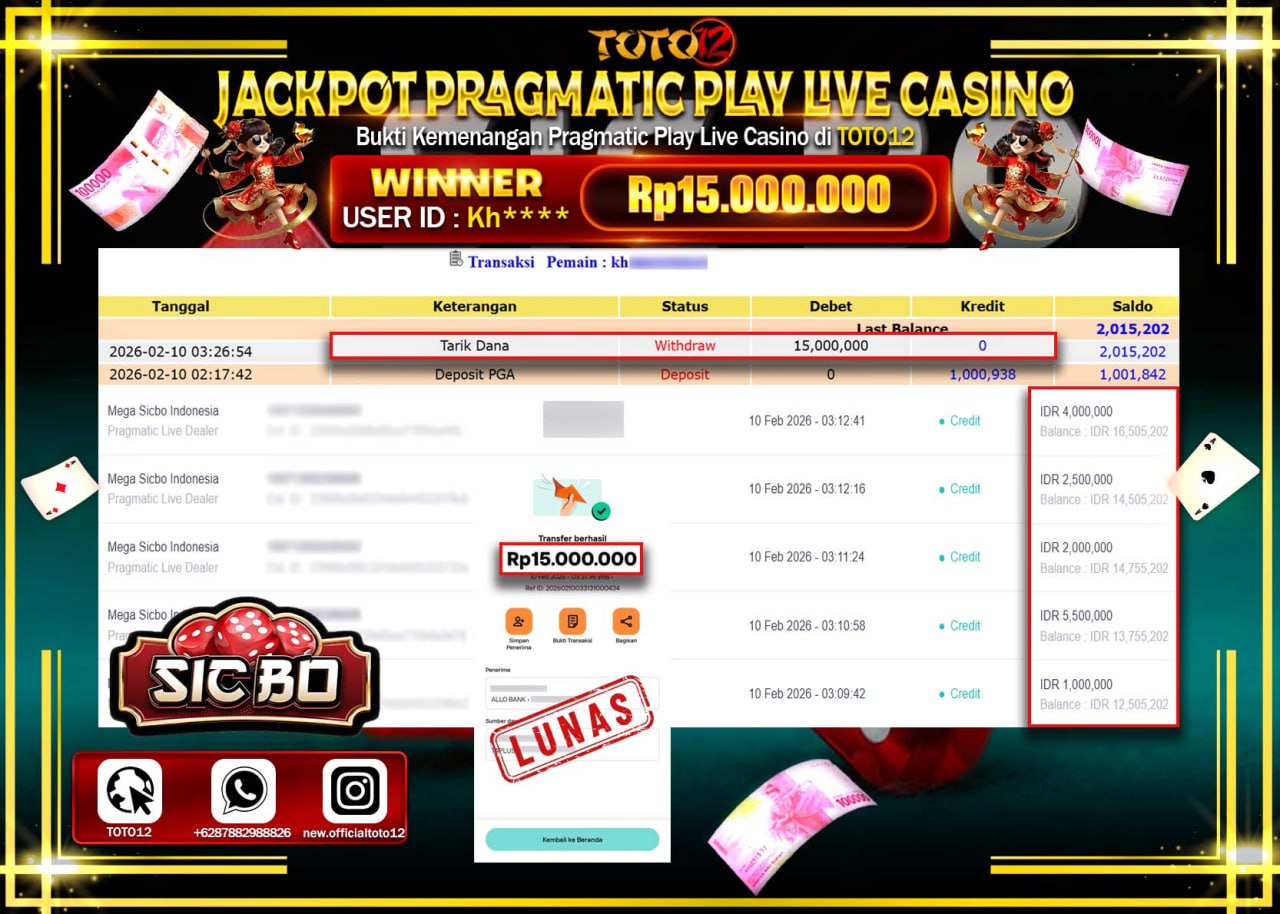HANYA DI TOTO12 JP PASTI DI BAYAR LUNAS DAN CEPAT!!!!!! JACKPOT LIVE GAME CASINO (MEGA SICBO INDONESIA) Rp.15.000.000!!!!