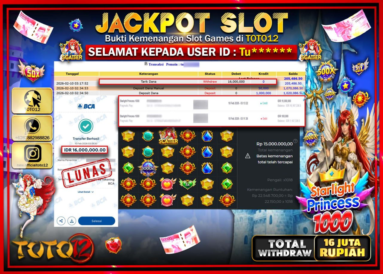 HANYA DI TOTO12 JP PASTI DI BAYAR LUNAS DAN CEPAT!!!!!! JACKPOT SLOT GAME (STARLIGHT PRINCESS 1000) Rp.16.000.000!!!!