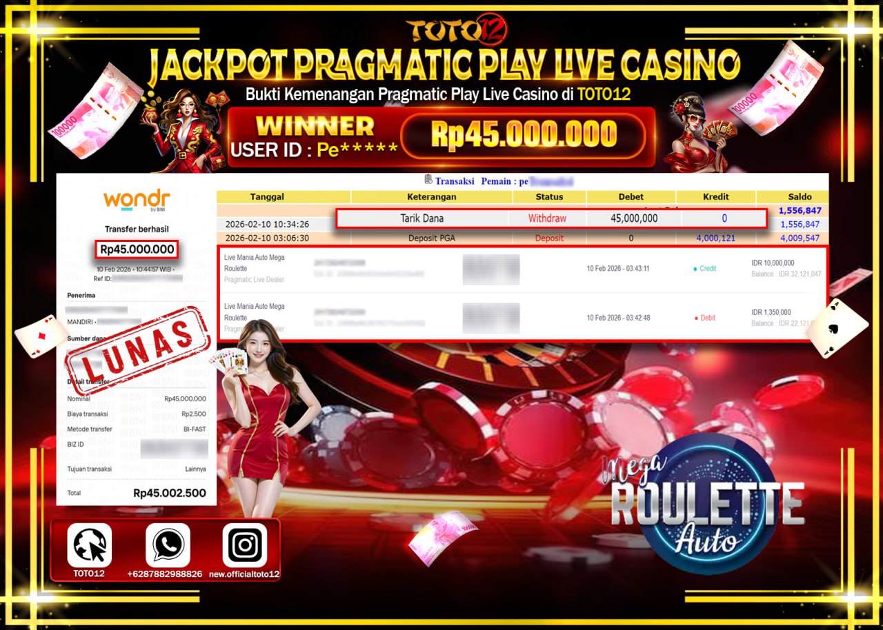 HANYA DI TOTO12 JP PASTI DI BAYAR LUNAS DAN CEPAT!!!!!! JACKPOT LIVE GAME CASINO (LIVE MANIA AUTO MEGA ROULETTE) Rp.45.000.000!!!!