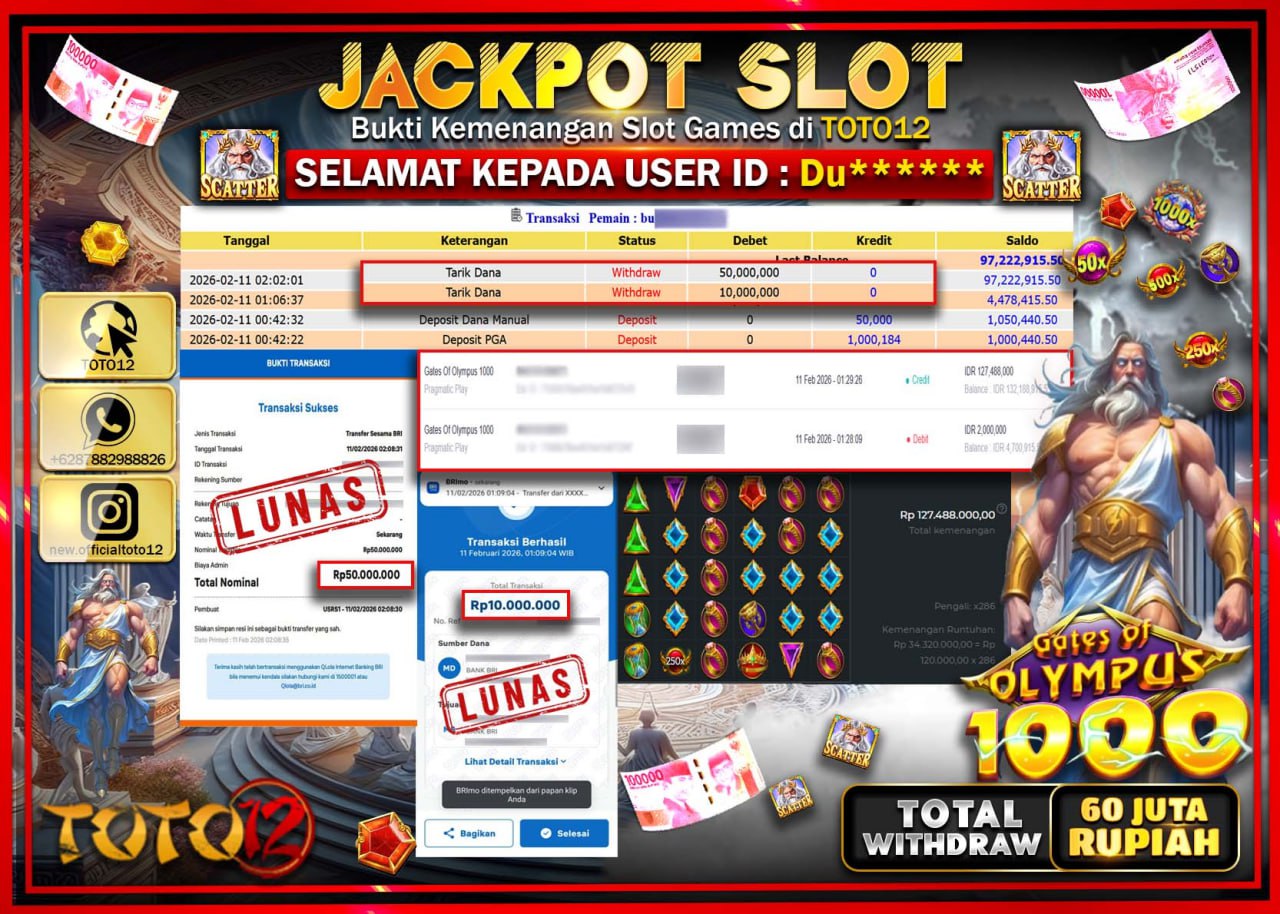 HANYA DI TOTO12 JP PASTI DI BAYAR LUNAS DAN CEPAT!!!!!! JACKPOT SLOT GAME (GATES OF OLYMPUS 1000) Rp.60.000.000!!!!