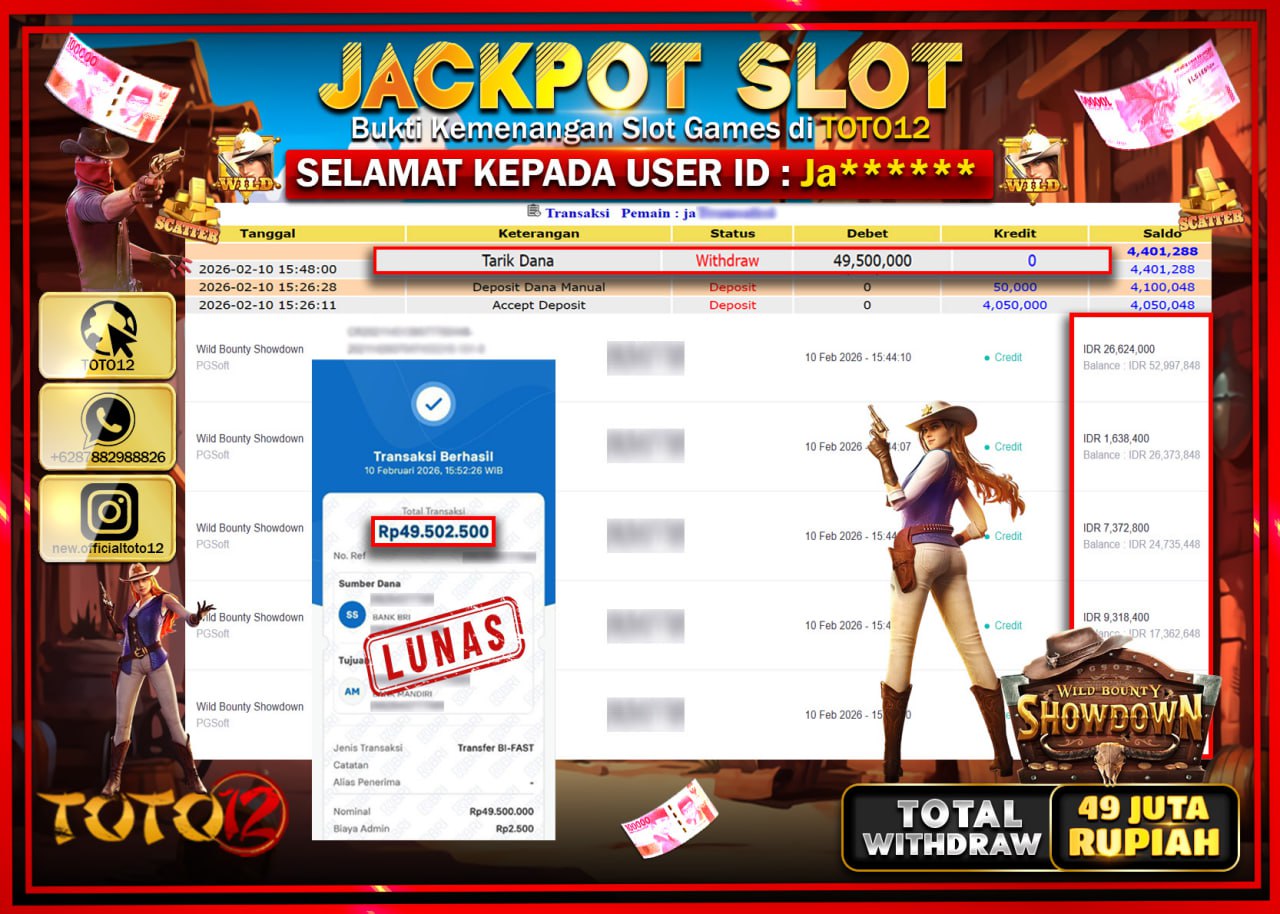 HANYA DI TOTO12 JP PASTI DI BAYAR LUNAS DAN CEPAT!!!!!! JACKPOT SLOT GAME (WILD BOUNTY SHOWDOWN) Rp.49.500.000!!!!