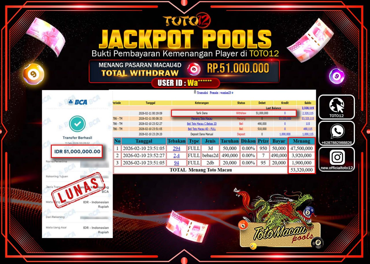 HANYA DI TOTO12 JP PASTI DI BAYAR LUNAS DAN CEPAT!!!!!! JACKPOT POOLS PASARAN (MACAU 4D) Rp.51.000.000!!!!