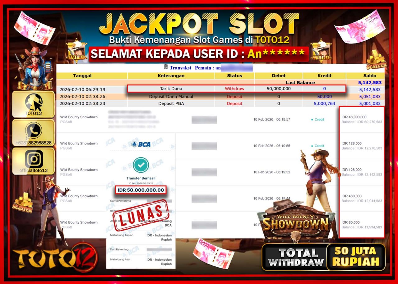 HANYA DI TOTO12 JP PASTI DI BAYAR LUNAS DAN CEPAT!!!!!! JACKPOT SLOT GAME (WILD BOUNTY SHOWDOWN) Rp.50.000.000!!!!