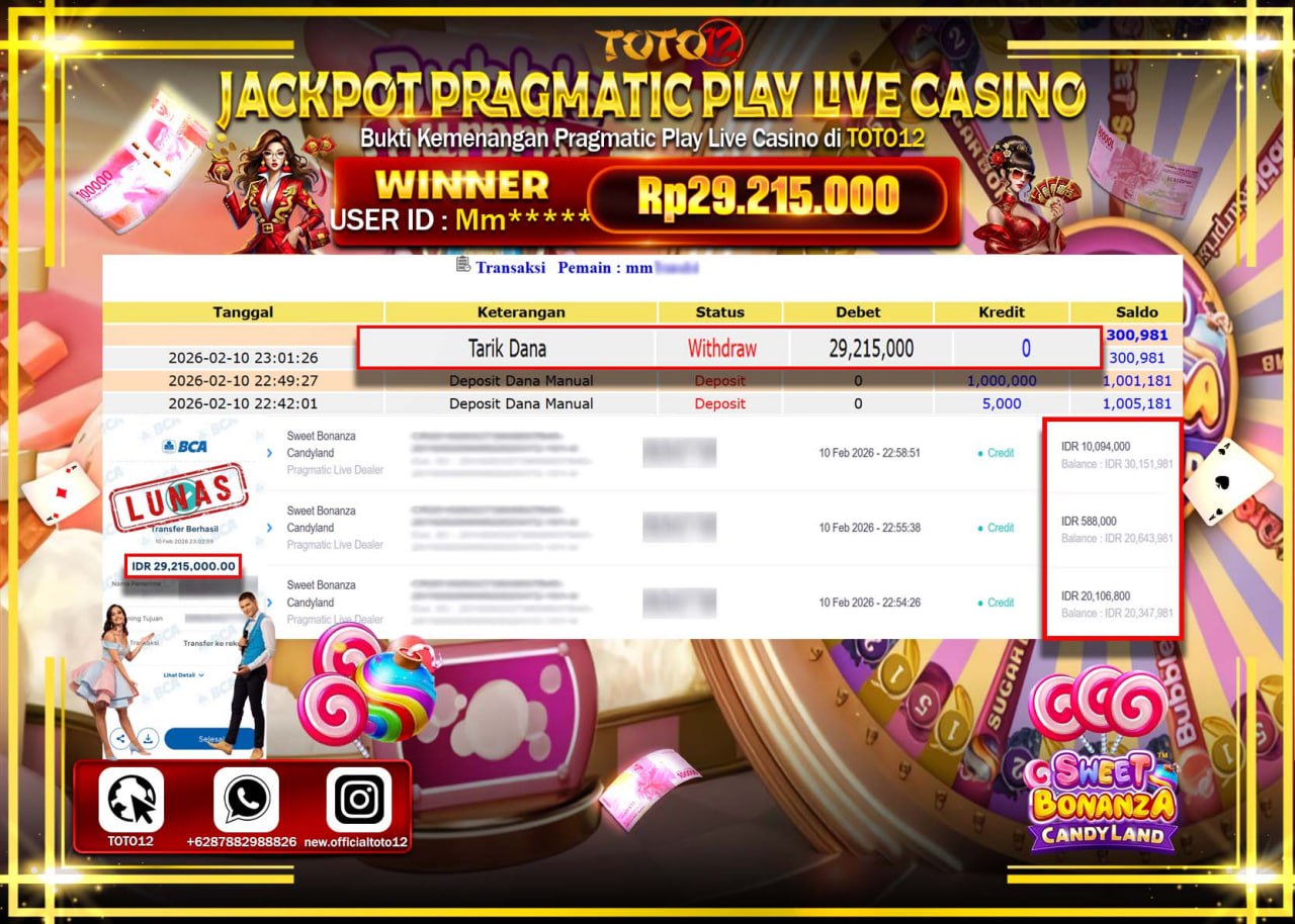 HANYA DI TOTO12 JP PASTI DI BAYAR LUNAS DAN CEPAT!!!!!! JACKPOT LIVE GAME CASINO (SWEET BONANZA CANDYLAN ) Rp.29.215.000!!!!