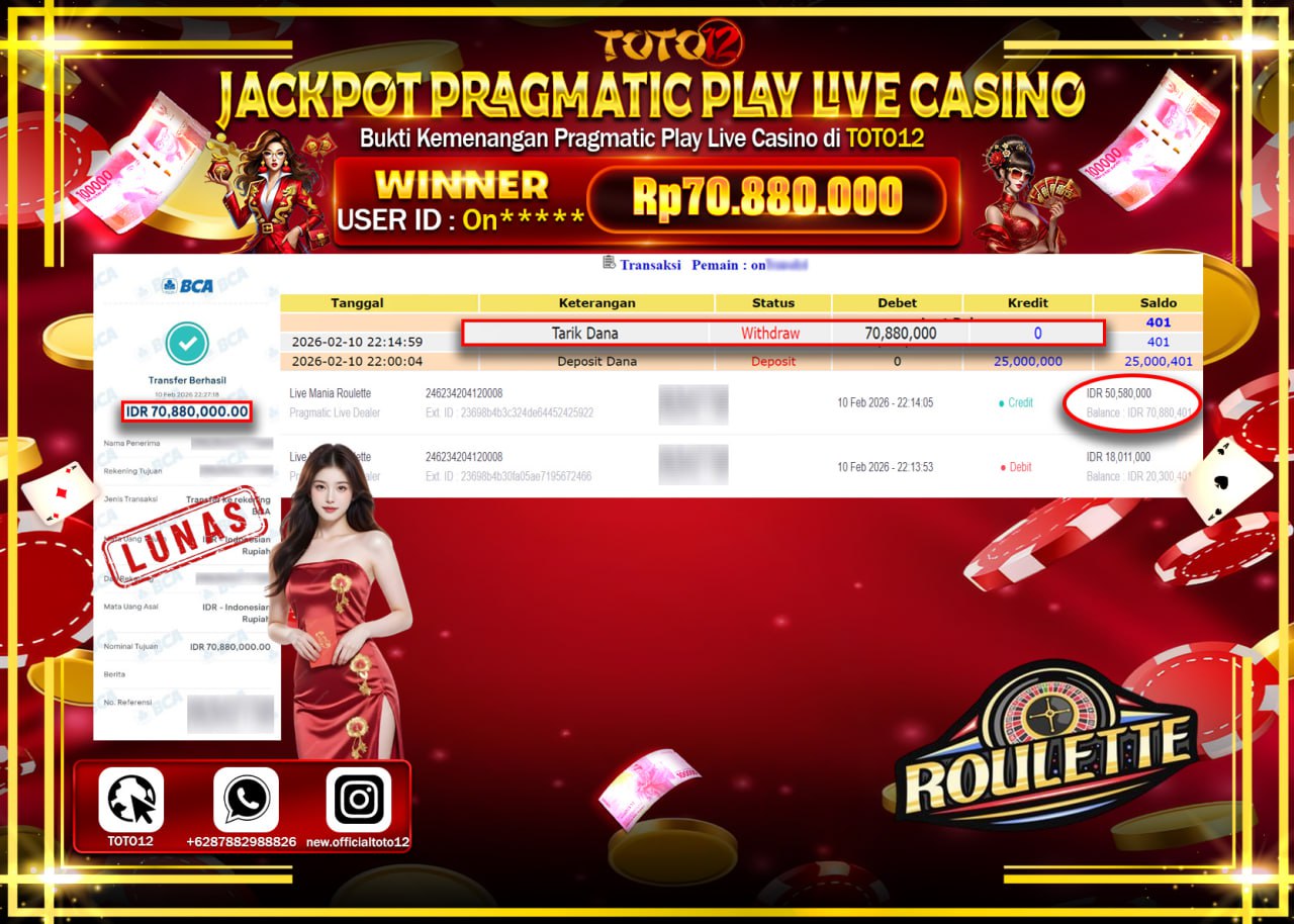 HANYA DI TOTO12 JP PASTI DI BAYAR LUNAS DAN CEPAT!!!!!! JACKPOT PRAGMATIC PLAY LIVE CASINO (LIVE MANIA ROULETTE) Rp.70.880.000!!!!