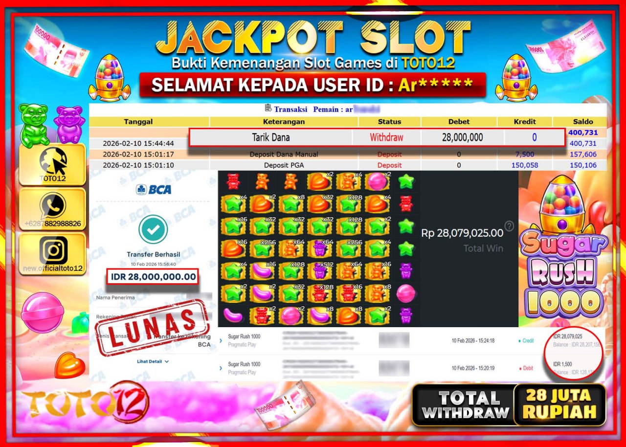 HANYA DI TOTO12 JP PASTI DI BAYAR LUNAS DAN CEPAT!!!!!! JACKPOT SLOT GAME (SUGER RUSH 1000) Rp.28.000.000!!!!
