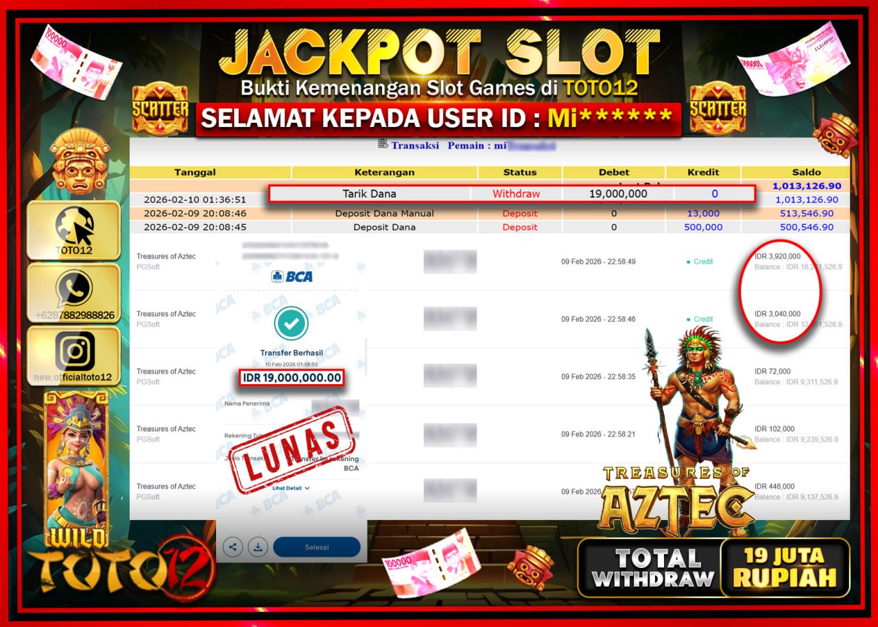HANYA DI TOTO12 JP PASTI DI BAYAR LUNAS DAN CEPAT!!!!!! JACKPOT SLOT GAME (TREASURES OF AZTEC) Rp.19.000.000!!!!