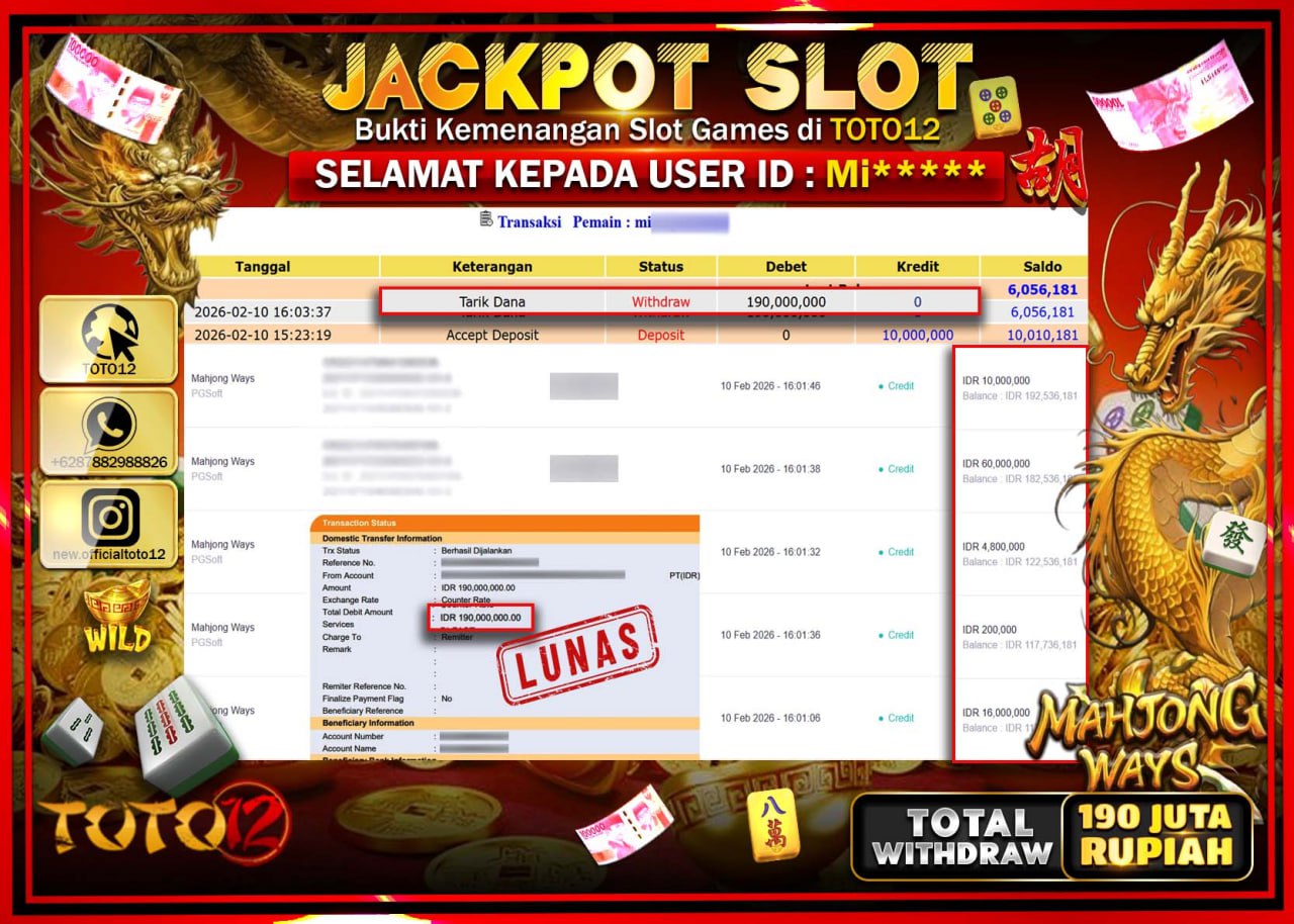 HANYA DI TOTO12 JP PASTI DI BAYAR LUNAS DAN CEPAT!!!!!! JACKPOT SLOT GAME (MAHJONG WAYS) Rp.190.000.000!!!!