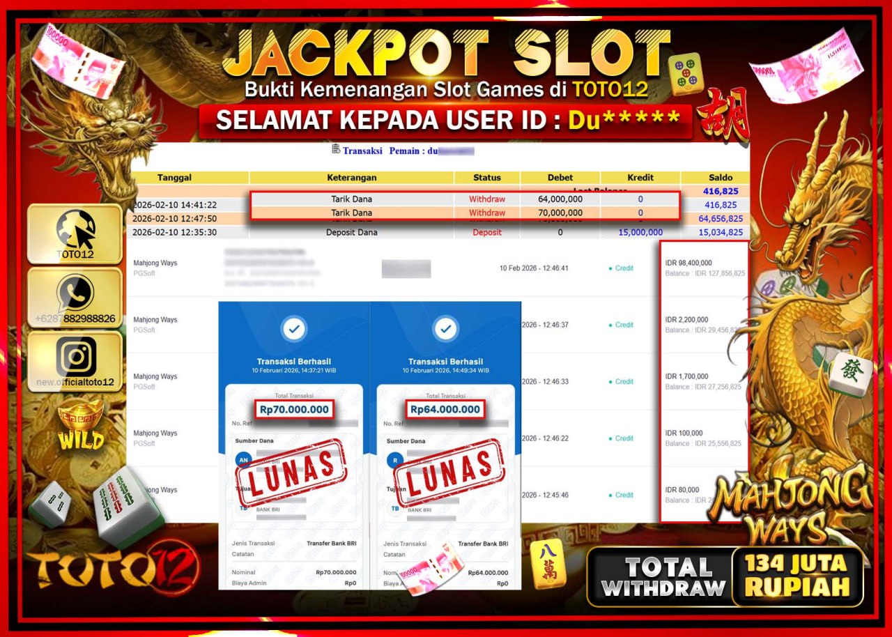HANYA DI TOTO12 JP PASTI DI BAYAR LUNAS DAN CEPAT!!!!!! JACKPOT SLOT GAME (MAHJONG WAYS) Rp.134.000.000!!!!