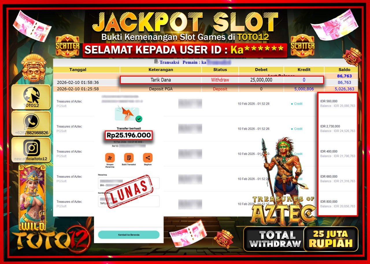 HANYA DI TOTO12 JP PASTI DI BAYAR LUNAS DAN CEPAT!!!!!! JACKPOT SLOT GAME (TREASURES OF AZTEC) Rp.25.000.000!!!!
