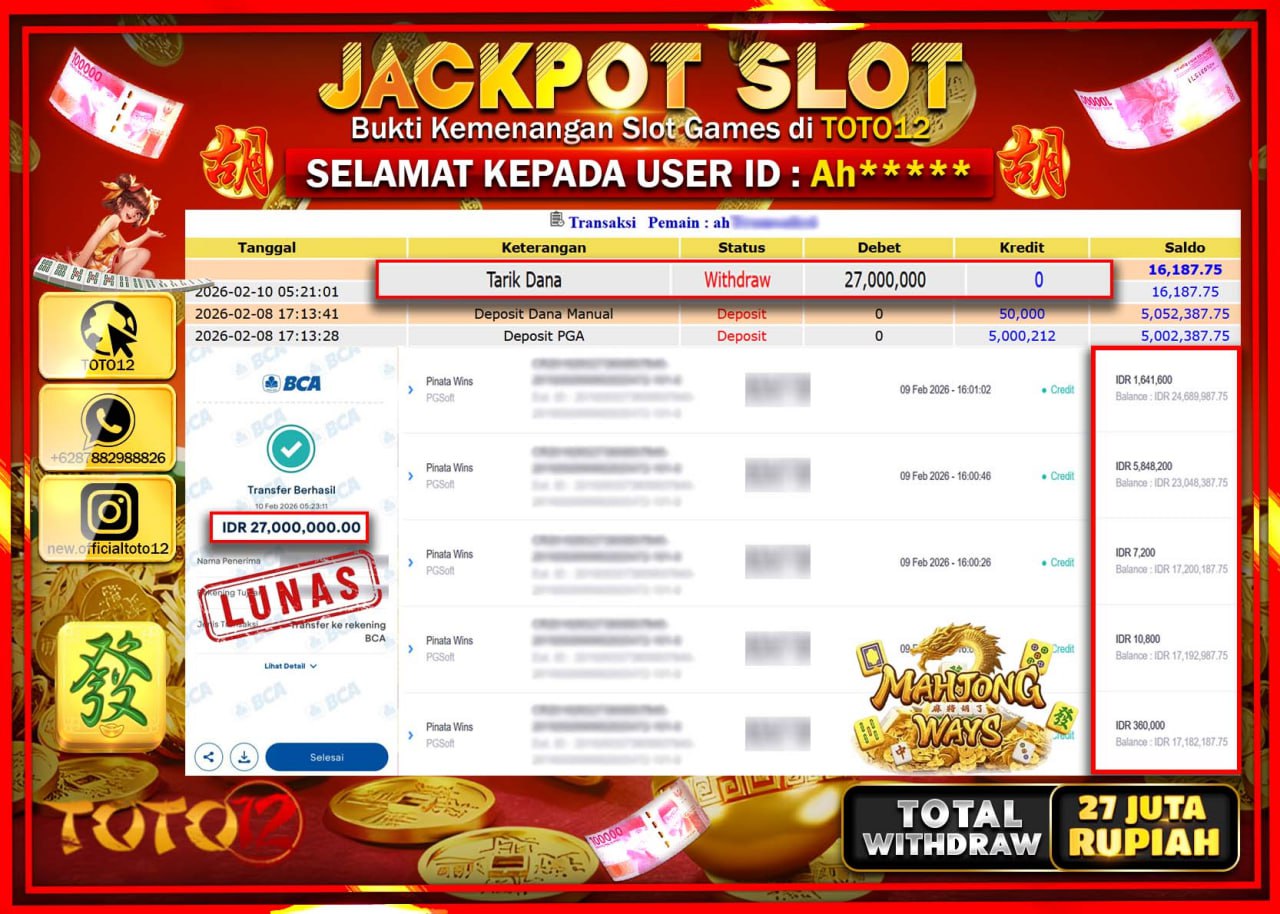 HANYA DI TOTO12 JP PASTI DI BAYAR LUNAS DAN CEPAT!!!!!! JACKPOT SLOT GAME (MAHJONG WAYS) Rp.27.000.000!!!!