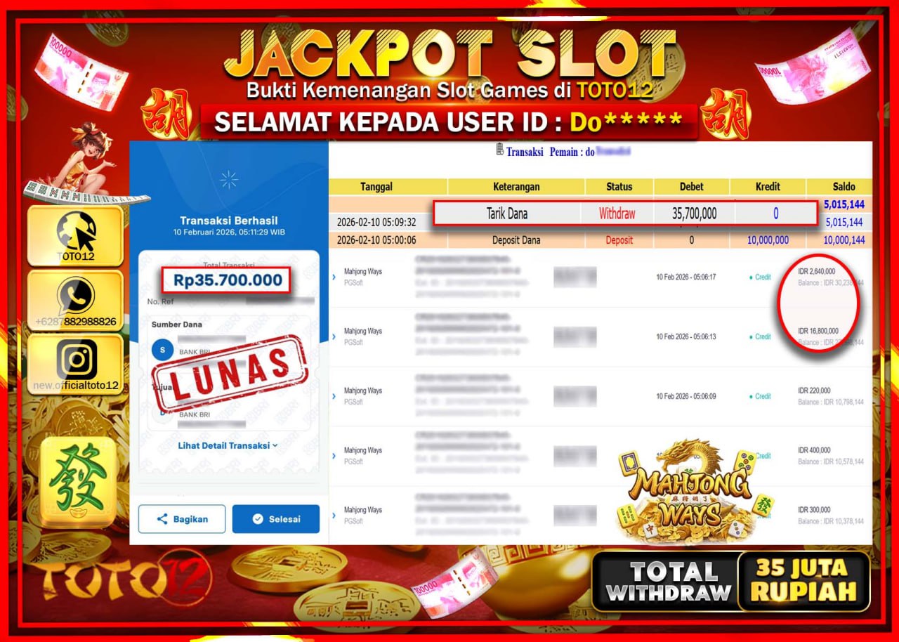 HANYA DI TOTO12 JP PASTI DI BAYAR LUNAS DAN CEPAT!!!!!! JACKPOT SLOT GAME (MAHJONG WAYS) Rp.35.700.000!!!!