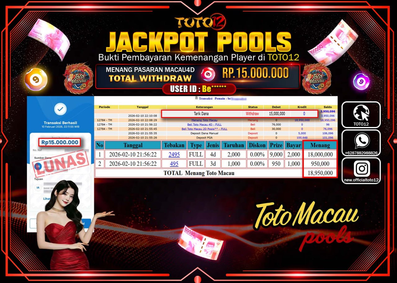HANYA DI TOTO12 JP PASTI DI BAYAR LUNAS DAN CEPAT!!!!!! JACKPOT POOLS PASARAN (MACAU 4D) Rp.15.000.000!!!!