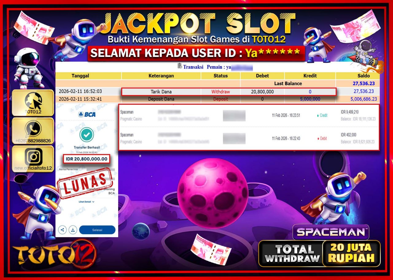 HANYA DI TOTO12 JP PASTI DI BAYAR LUNAS DAN CEPAT!!!!!! JACKPOT SLOT GAME (SPACEMAN) Rp.20.800.000 !!!!