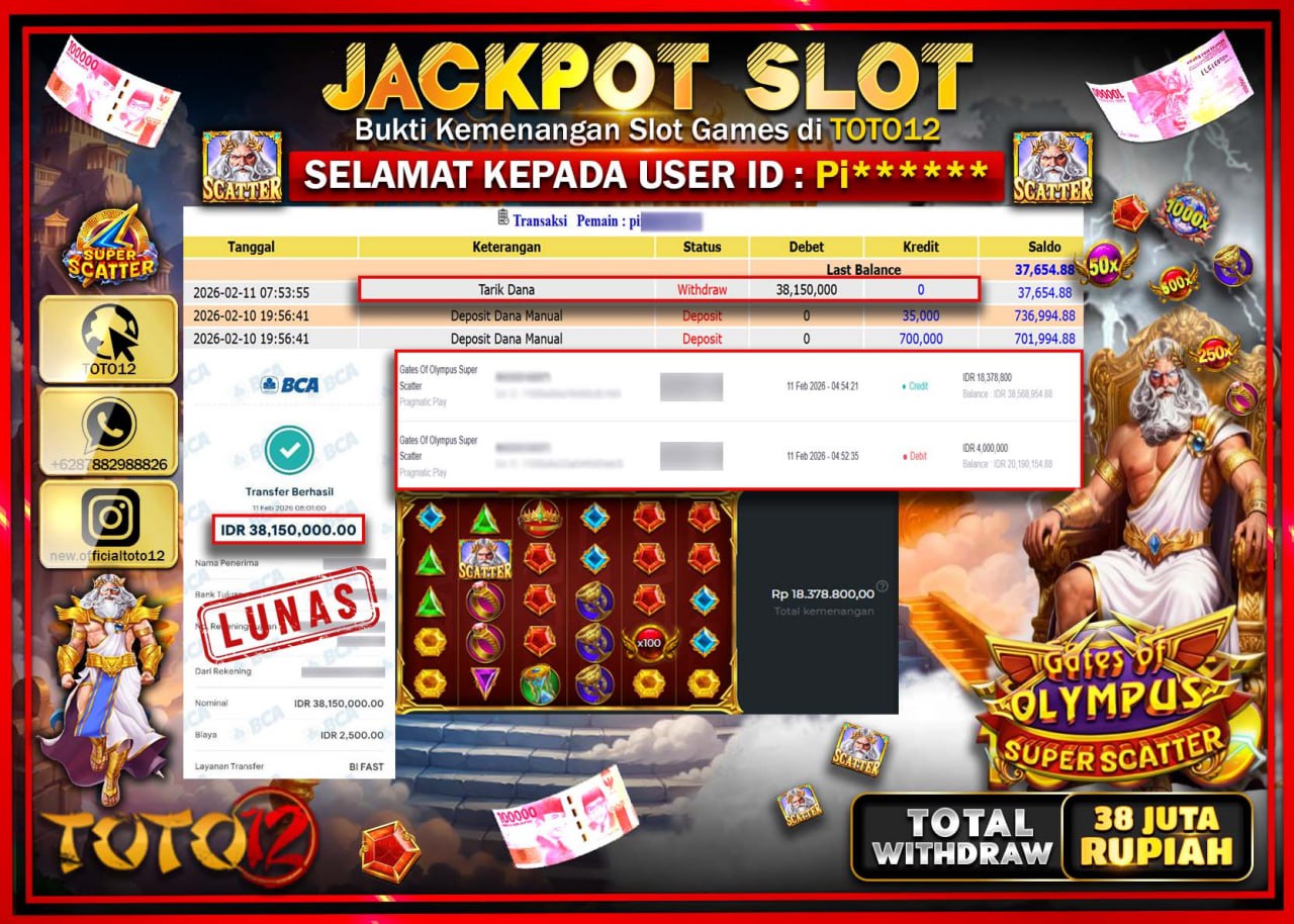 HANYA DI TOTO12 JP PASTI DI BAYAR LUNAS DAN CEPAT!!!!!! JACKPOT SLOT GAME (GATES OF OLYMPUS SUPER SCATTER) Rp.38.150.000!!!!
