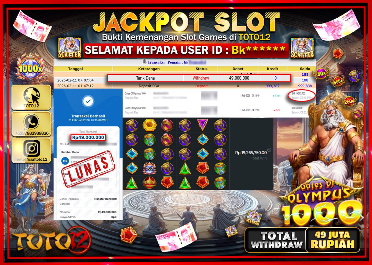 HANYA DI TOTO12 JP PASTI DI BAYAR LUNAS DAN CEPAT!!!!!! JACKPOT SLOT GAME (GATES OF OLYMPUS 1000) Rp.49.000.000!!!!