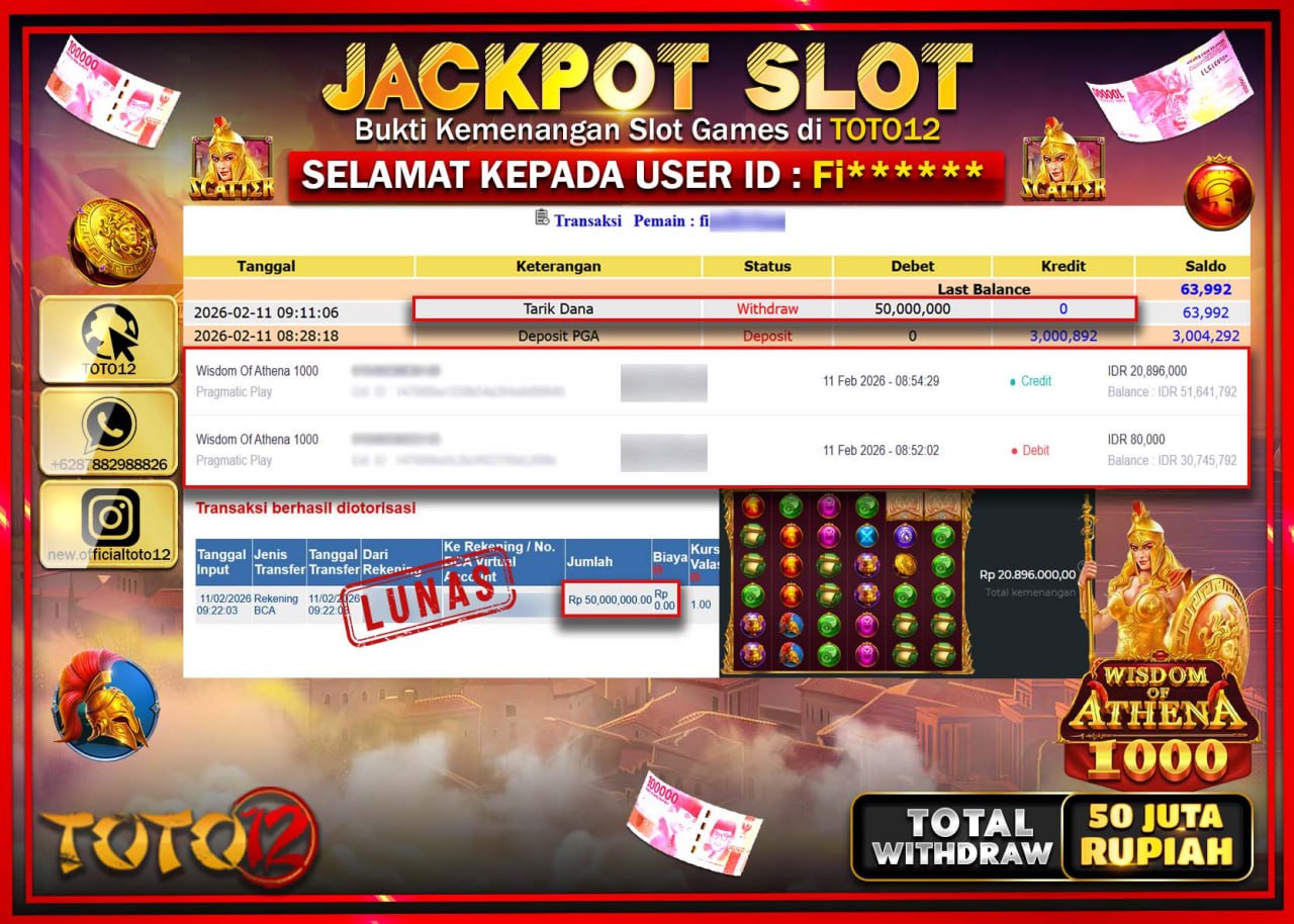 HANYA DI TOTO12 JP PASTI DI BAYAR LUNAS DAN CEPAT!!!!!! JACKPOT SLOT GAME (WISDOM OF ATHENA) Rp.50.000.000!!!!